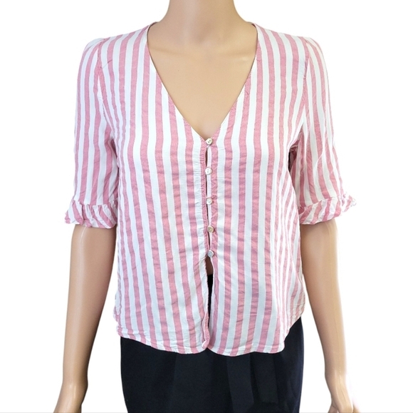 Zara trf collection Womens Striped Ruffled Detail Button Up Blouse Size M - Picture 2 of 12